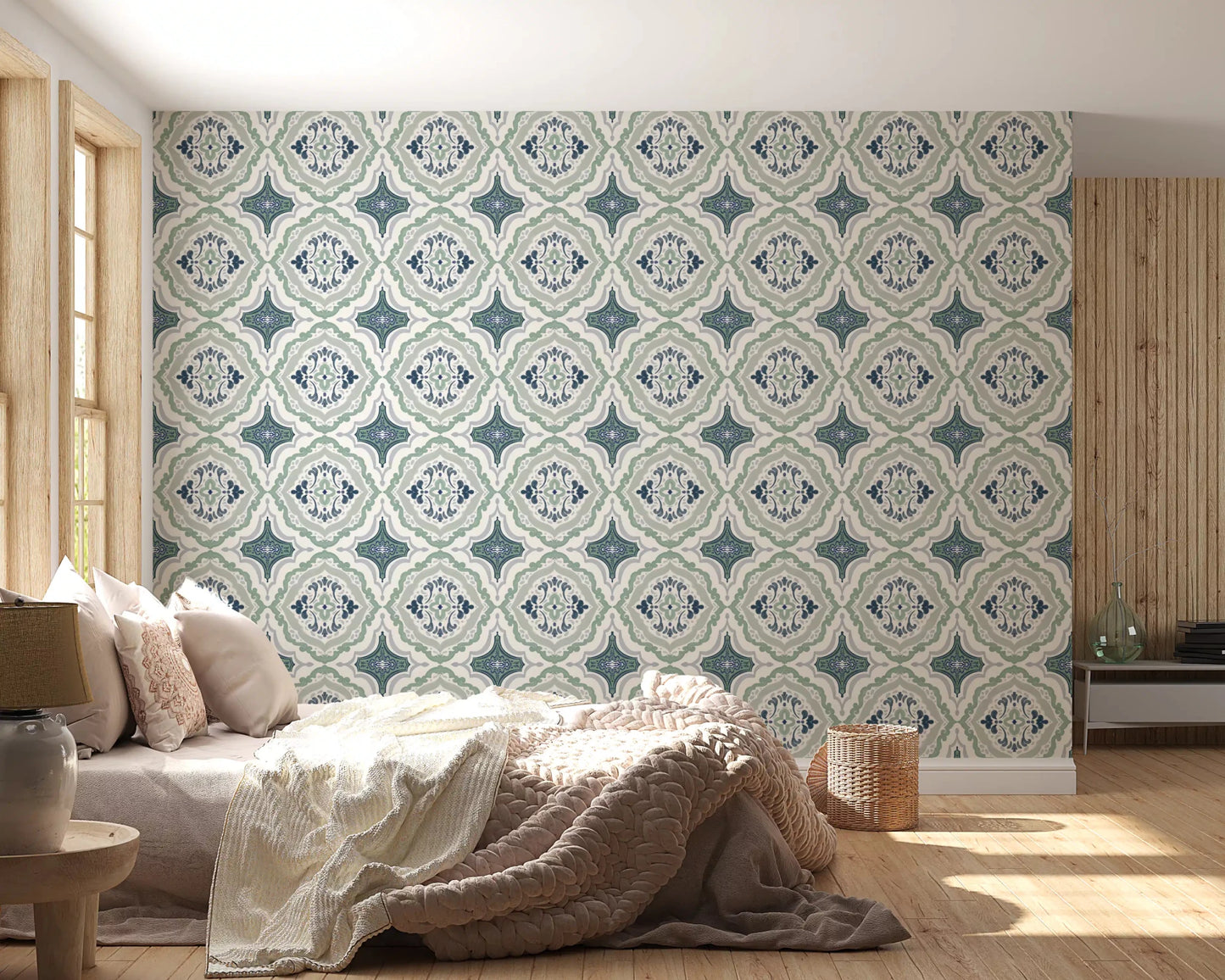 Restful bedroom scene with Indigo Bloom Tiles Wallpaper and layered bedding