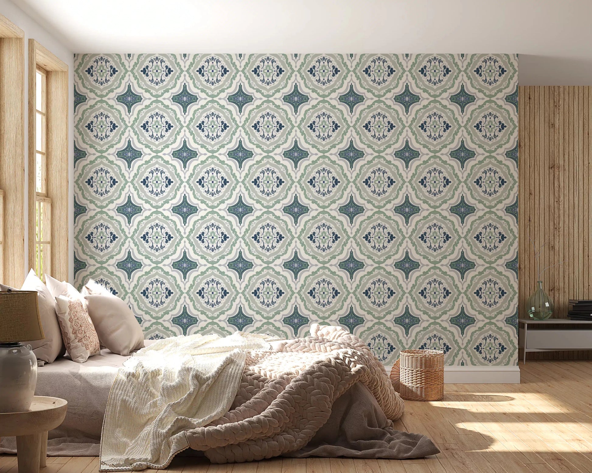 Restful bedroom scene with Indigo Bloom Tiles Wallpaper and layered bedding