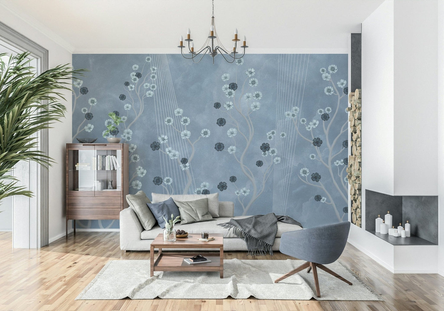 Contemporary lounge showing Indigo Bloom Trail wallpaper behind a blue chair.