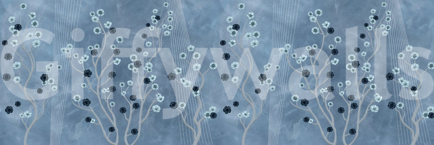 Sophisticated reception area featuring an Indigo Bloom Trail wall mural.