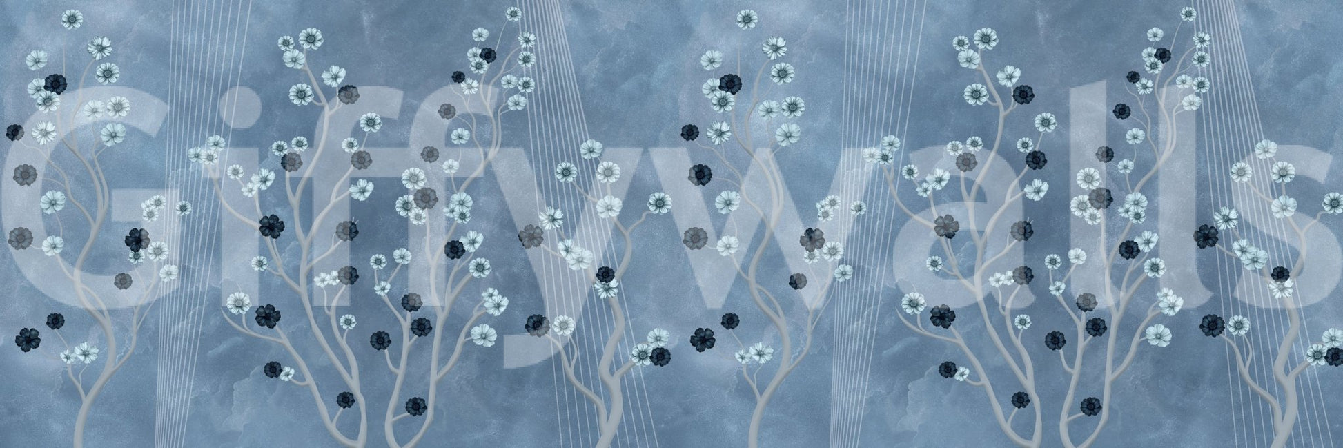 Sophisticated reception area featuring an Indigo Bloom Trail wall mural.