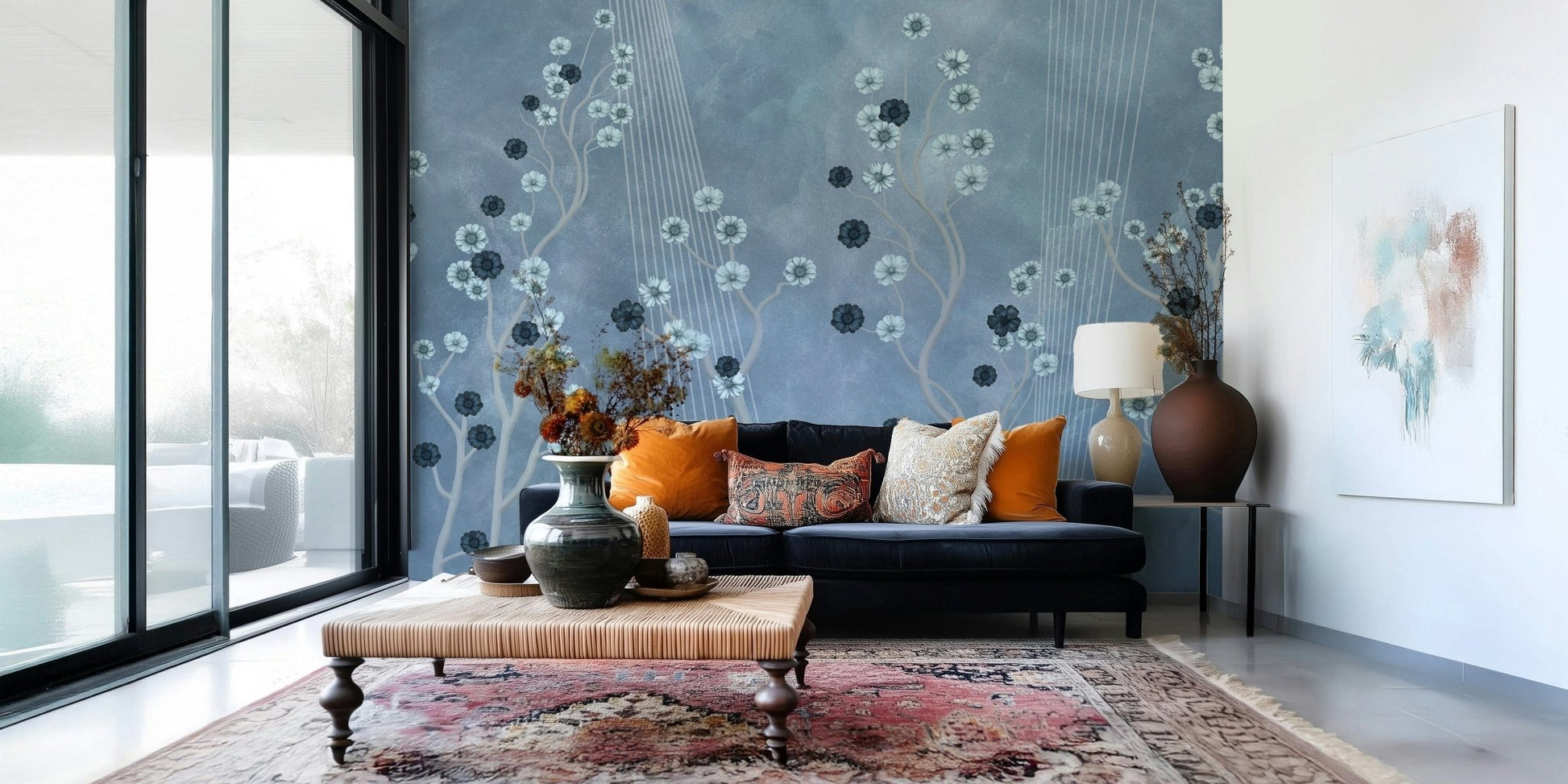 Indigo Bloom Trail wall mural in a home office with dark wood furniture.