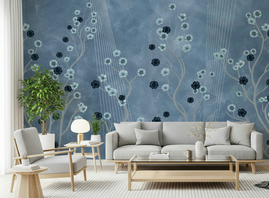 Artistic Indigo Bloom Trail wall mural in a quiet study with natural light.