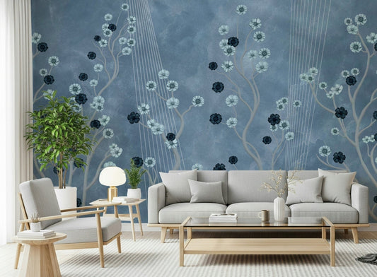 Artistic Indigo Bloom Trail wall mural in a quiet study with natural light.