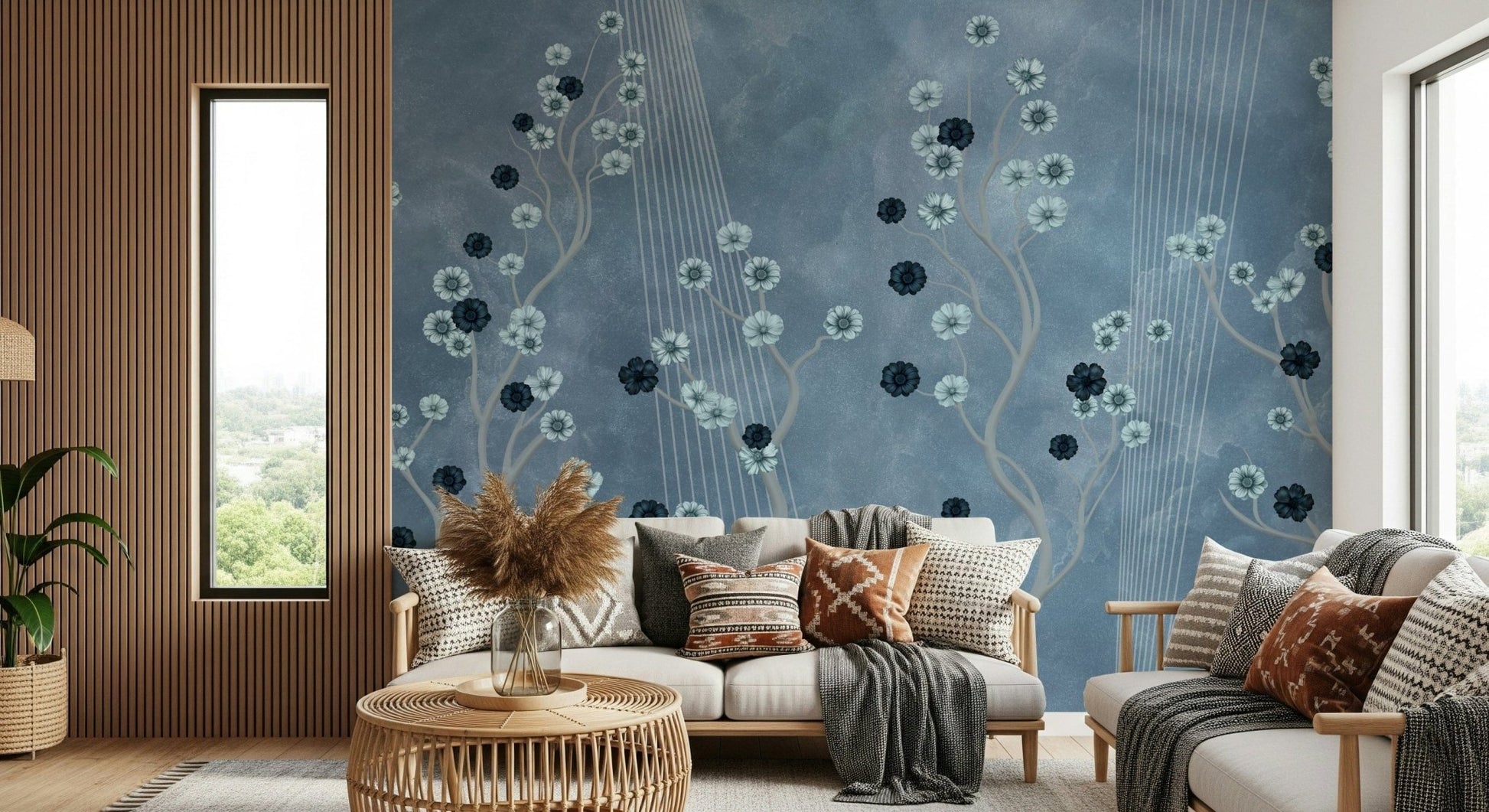 Indigo Bloom Trail wall mural in a modern living room with a white sofa.