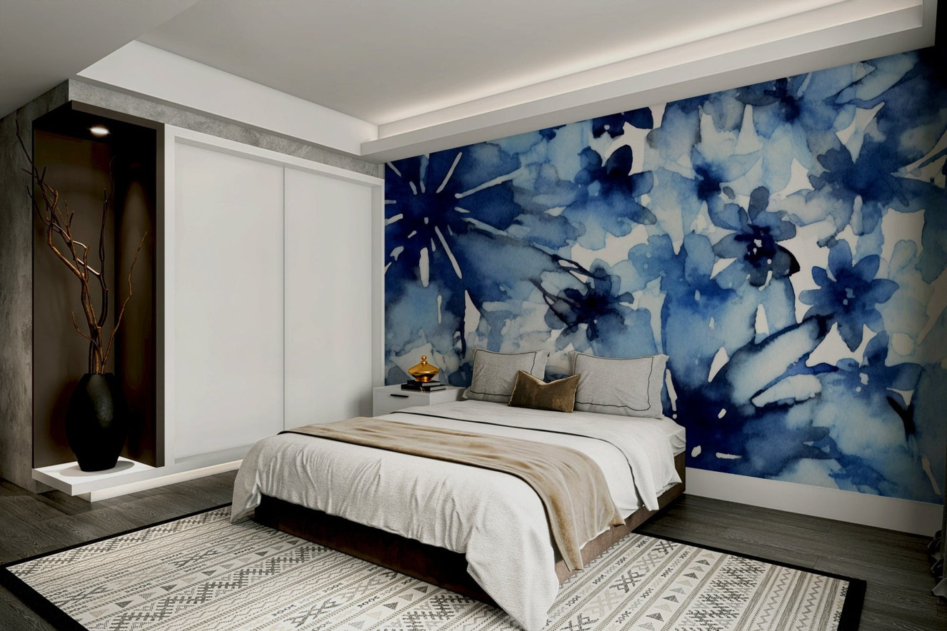 Indigo Bloom wall mural on living room wall

