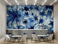 Statement wall with deep blue floral wallpaper

