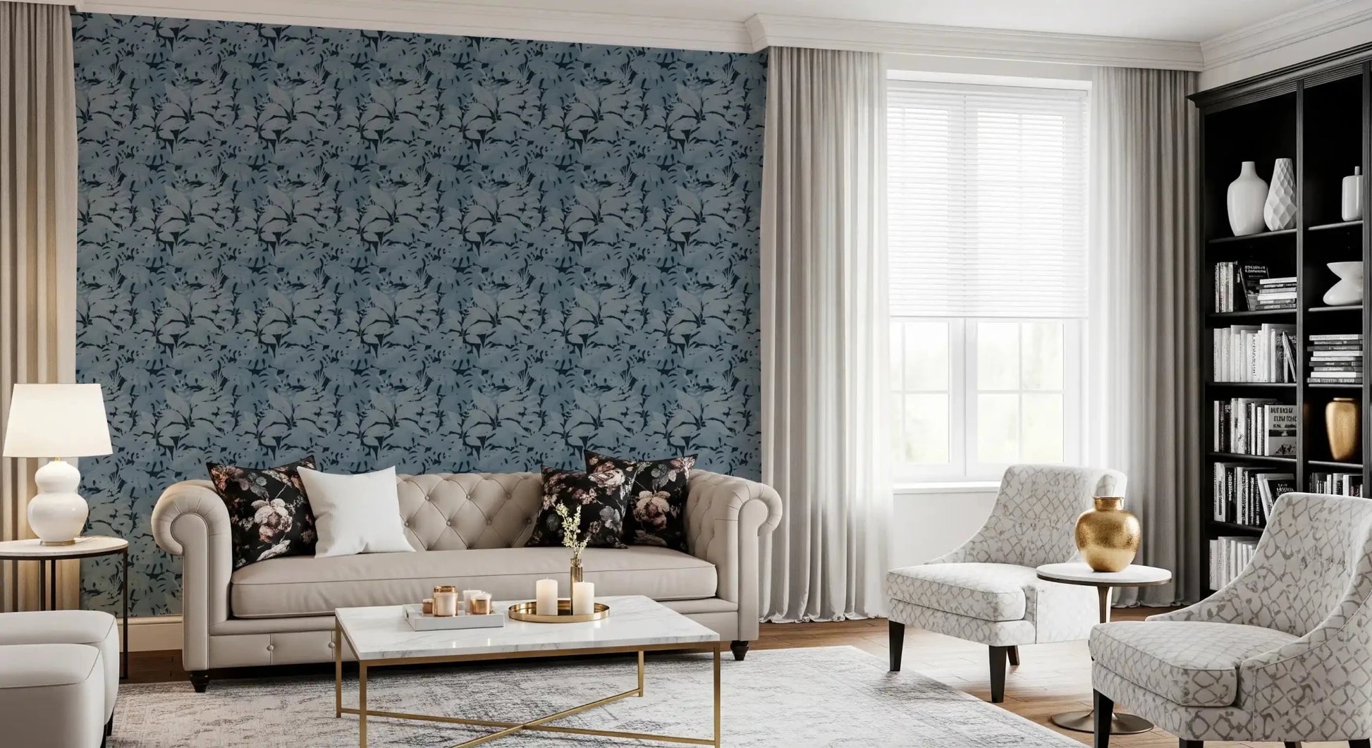 Open Living room styled in Indigo Botanical Monstera Leaves Wallpaper