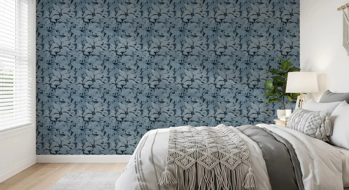 Moody bedroom featuring Indigo Botanical Monstera Leaves Wallpaper