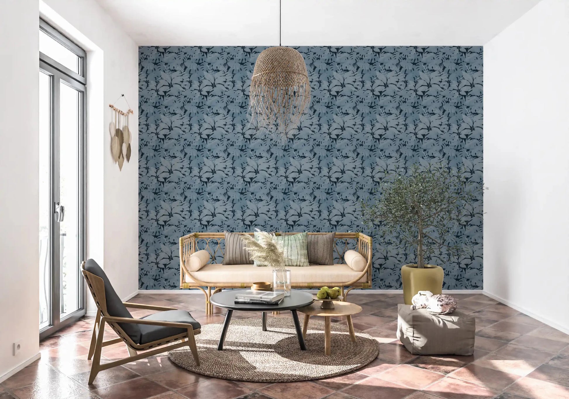 Warm Living nook finished with Indigo Botanical Monstera Leaves Wallpaper