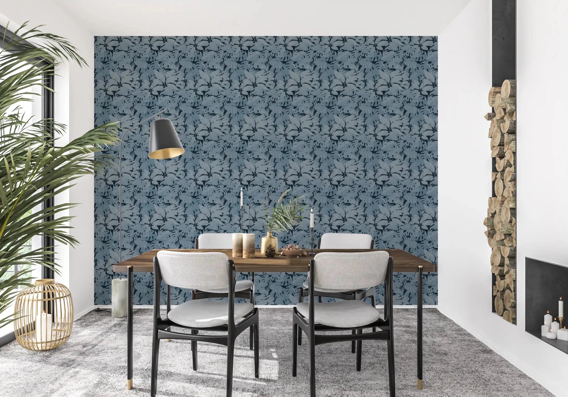 Round dining table set against Indigo Botanical Monstera Leaves Wallpaper