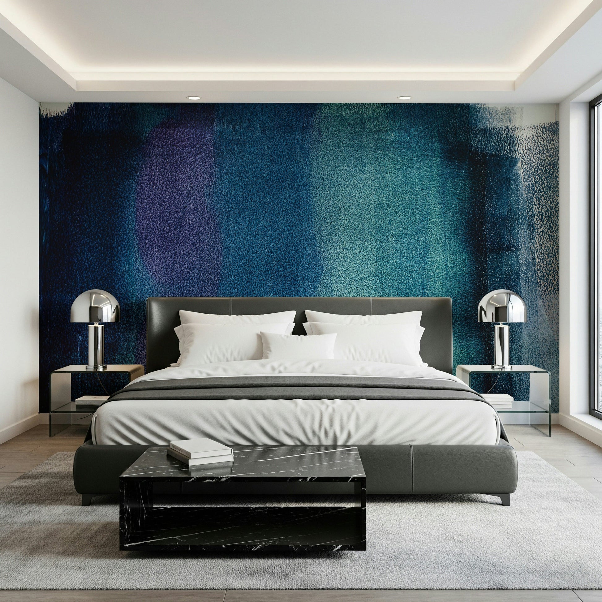 Indigo Dreams Texture Wall Mural in modern living room design.