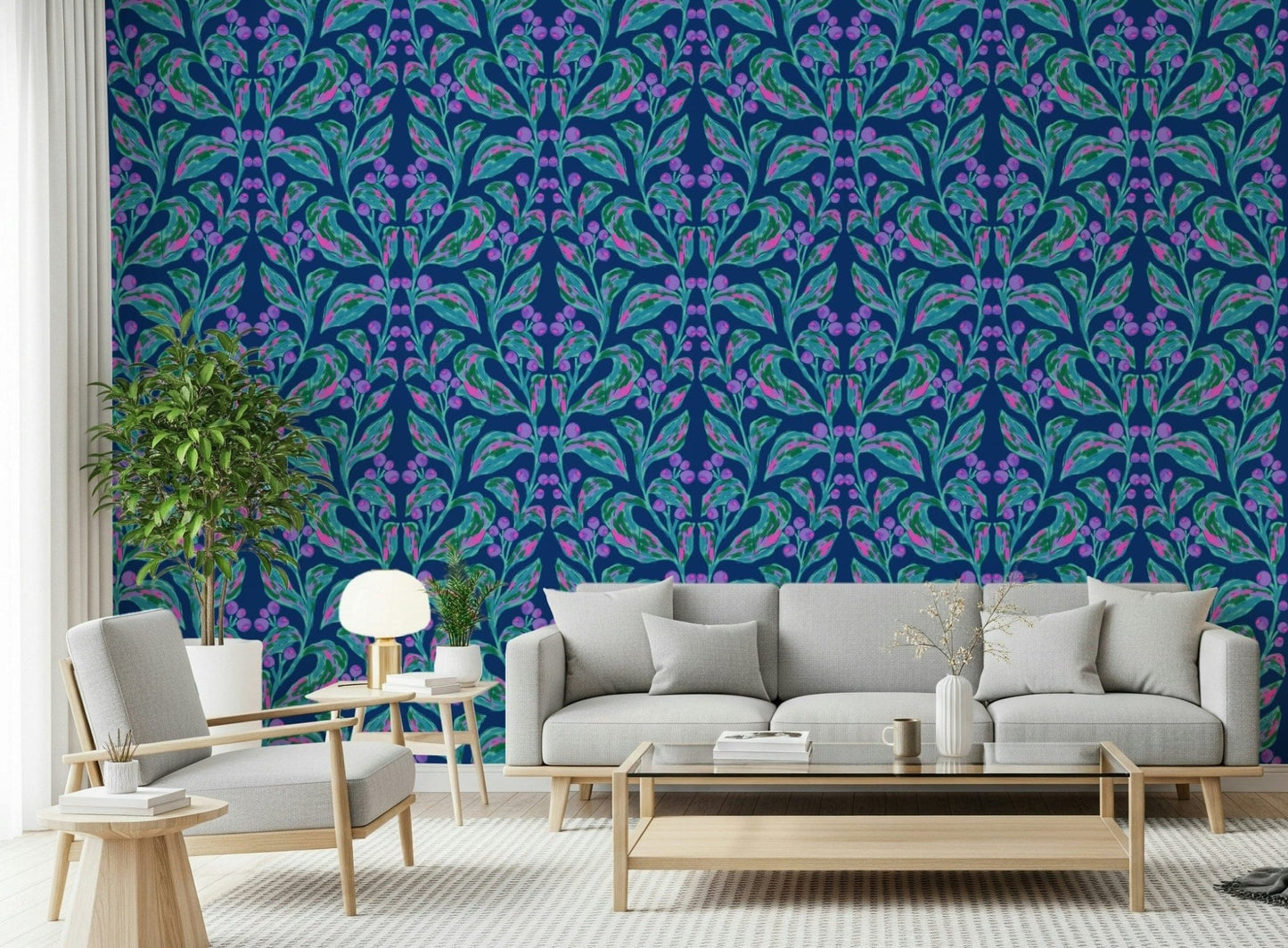 Contemporary home office with a blue leaf wall mural design.