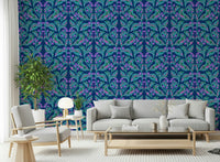 Contemporary home office with a blue leaf wall mural design.
