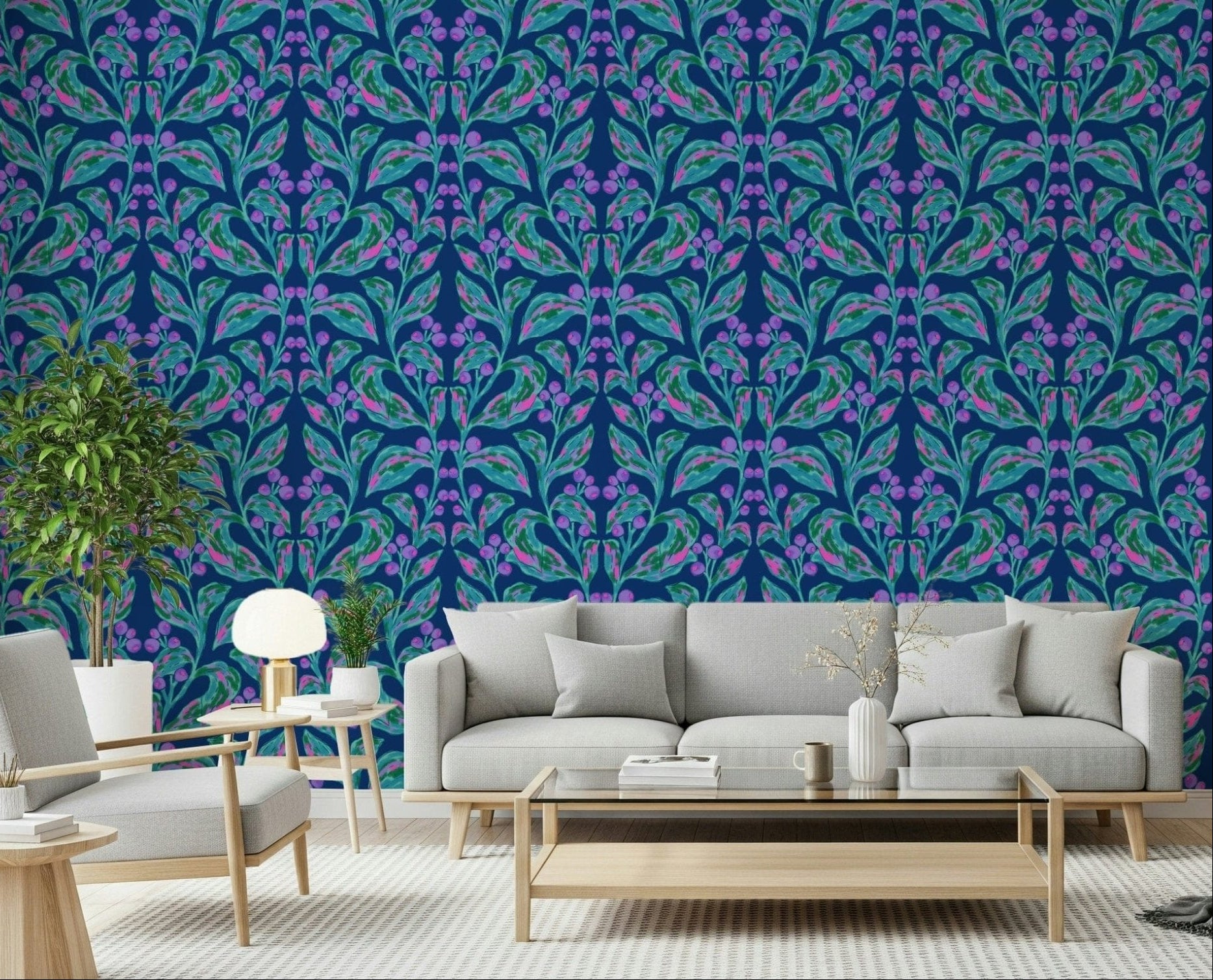 Contemporary home office with a blue leaf wall mural design., GD7780
