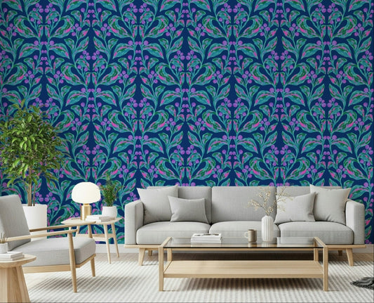 Contemporary home office with a blue leaf wall mural design.