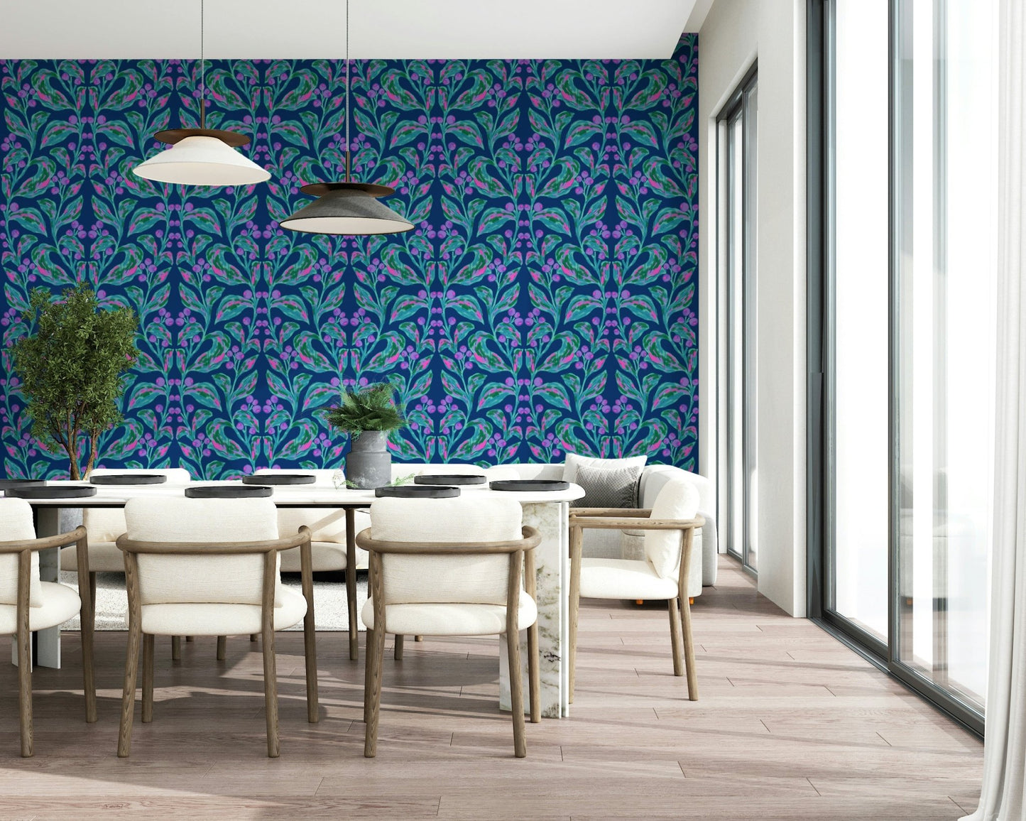 Vibrant indigo leaf wall mural for a creative studio workspace.