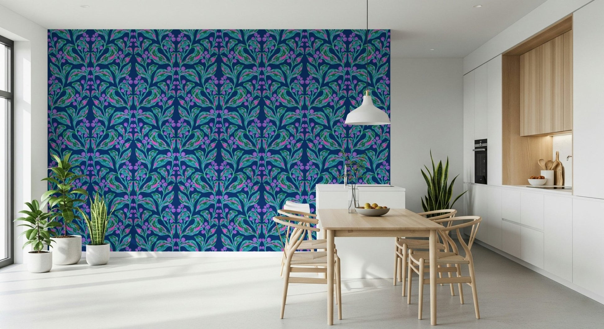 Dining room feature wall styled with Indigo electric leaves wallpaper.