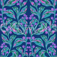 Minimalist bedroom decor featuring Indigo electric leaves wallpaper.