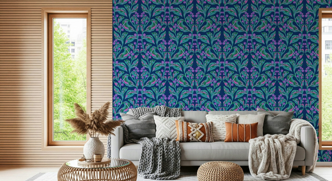 Indigo electric leaves wallpaper in a modern living room setting.