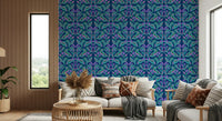 Sophisticated blue leaf wallpaper in a peaceful study area.