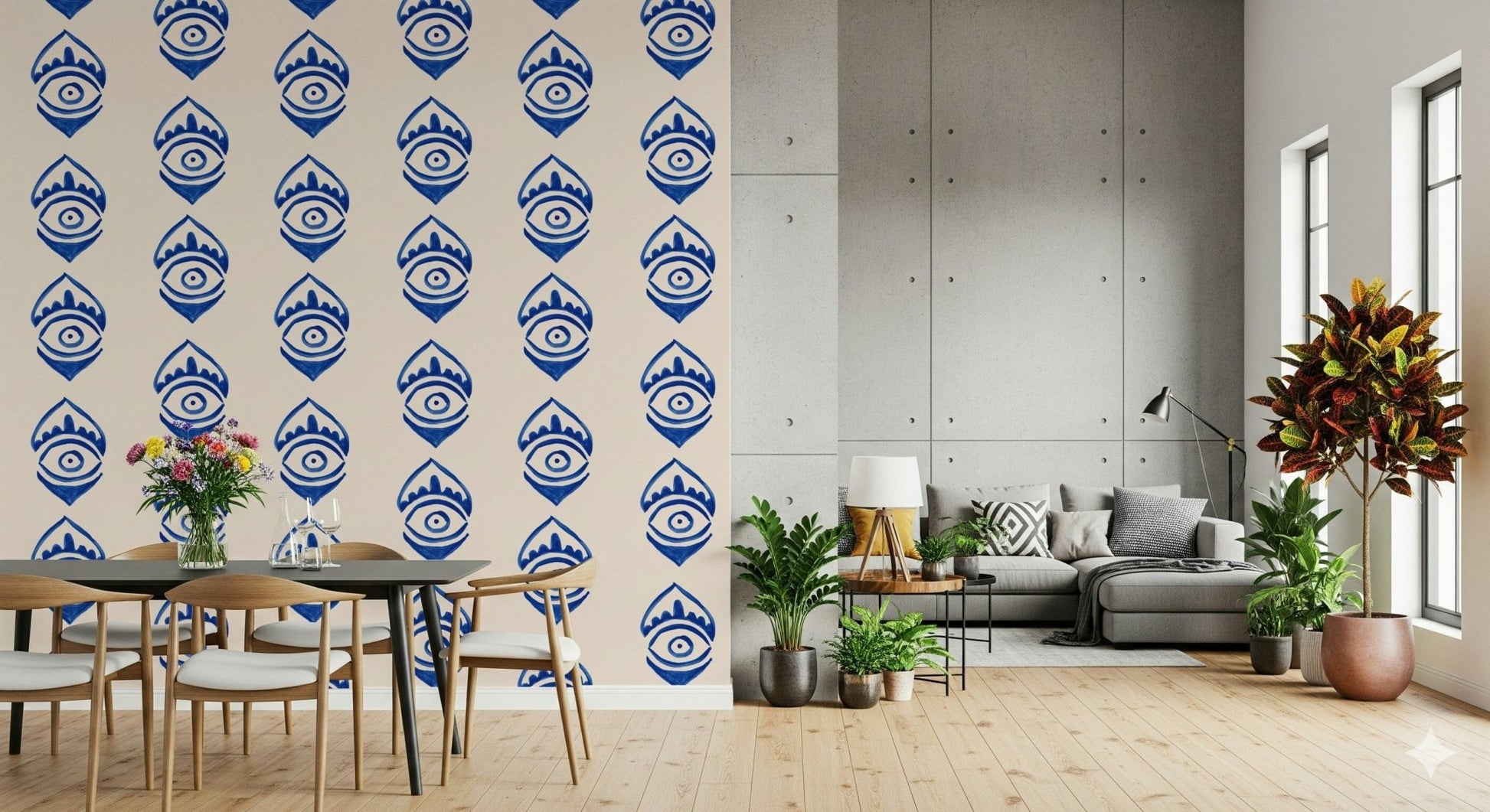Striking azure Indigo Eye Motif Wallpaper design detail.