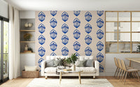 Decorative blue Indigo Eye Motif Wallpaper background.
