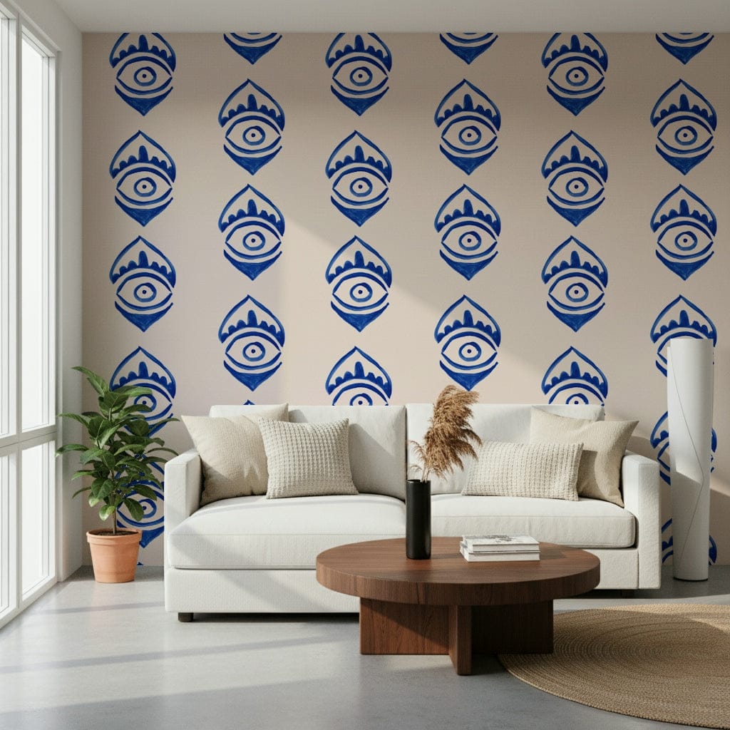 Artistic Indigo Eye Motif Wallpaper for modern spaces.