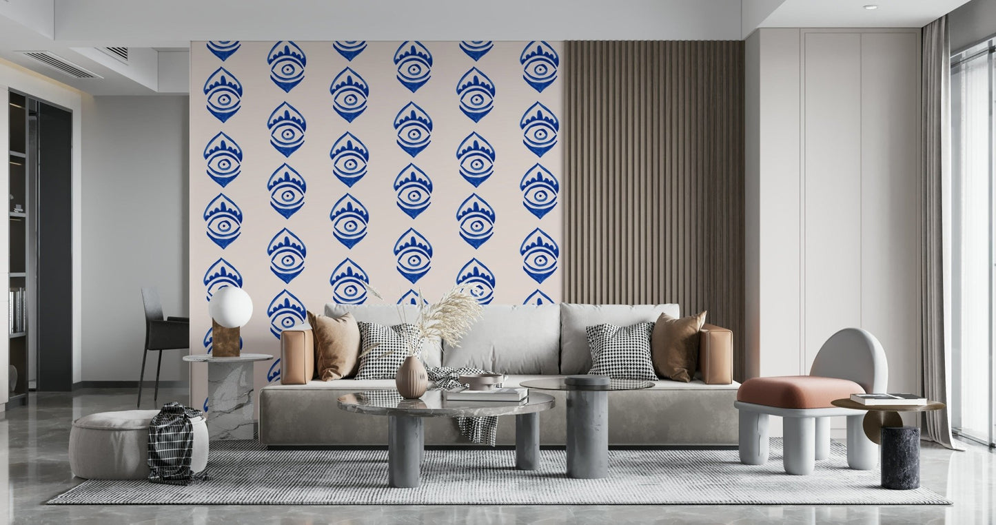 Blue pattern mural, Indigo Eye Motif Wallpaper.