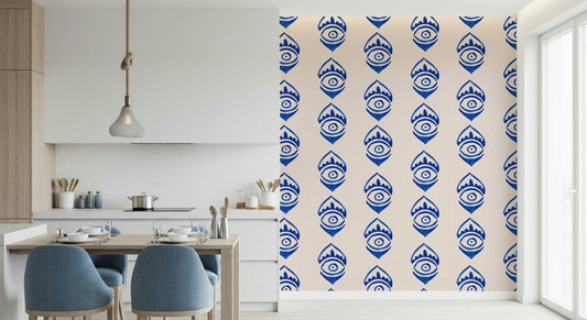 Indigo Eye Motif Wallpaper: Hand-painted style wall design.