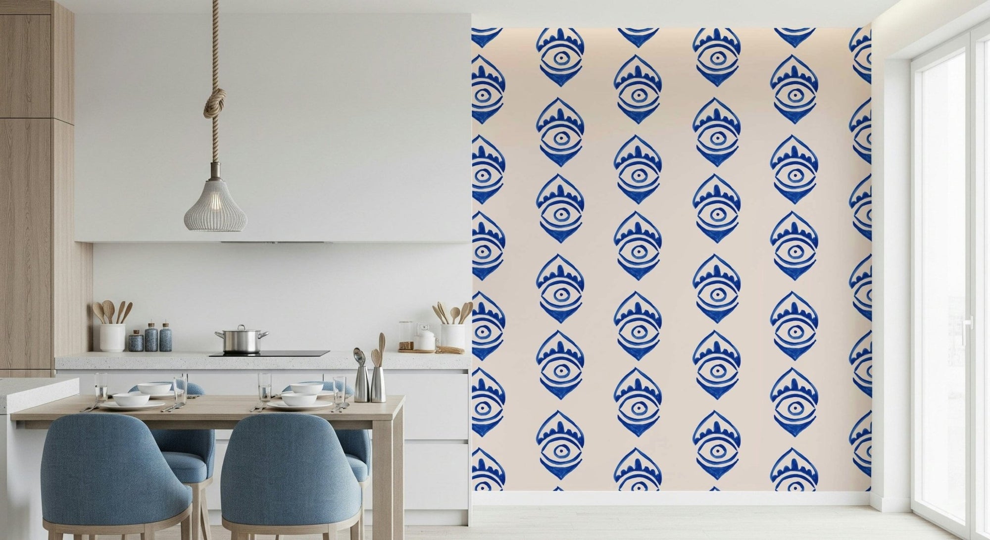 Indigo Eye Motif Wallpaper: Hand-painted style wall design., GD6521