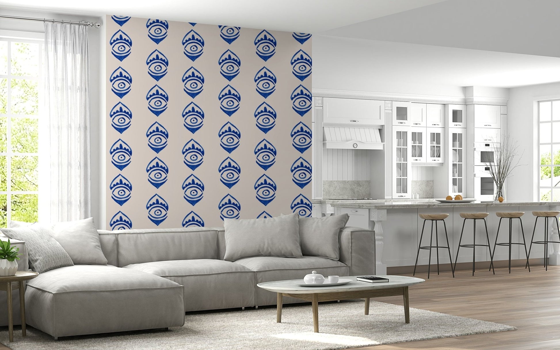 Bohemian chic Indigo Eye Motif Wallpaper.