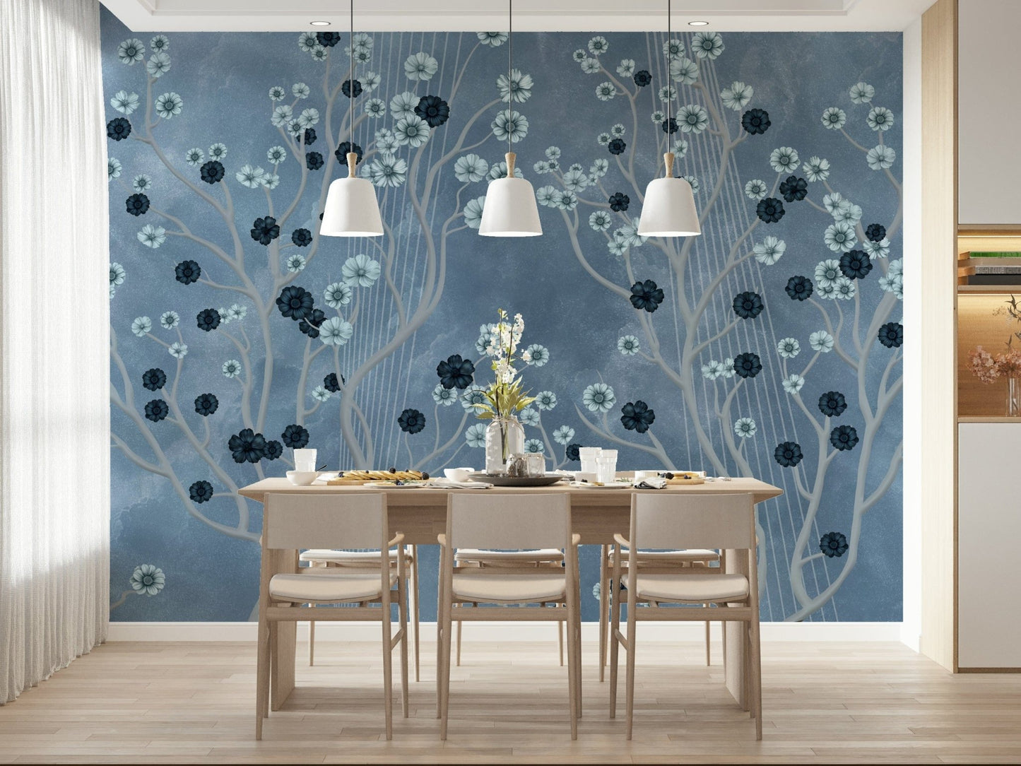 Indigo Flower Canopy wall mural applied in a bright hallway with marble floors., GD7605