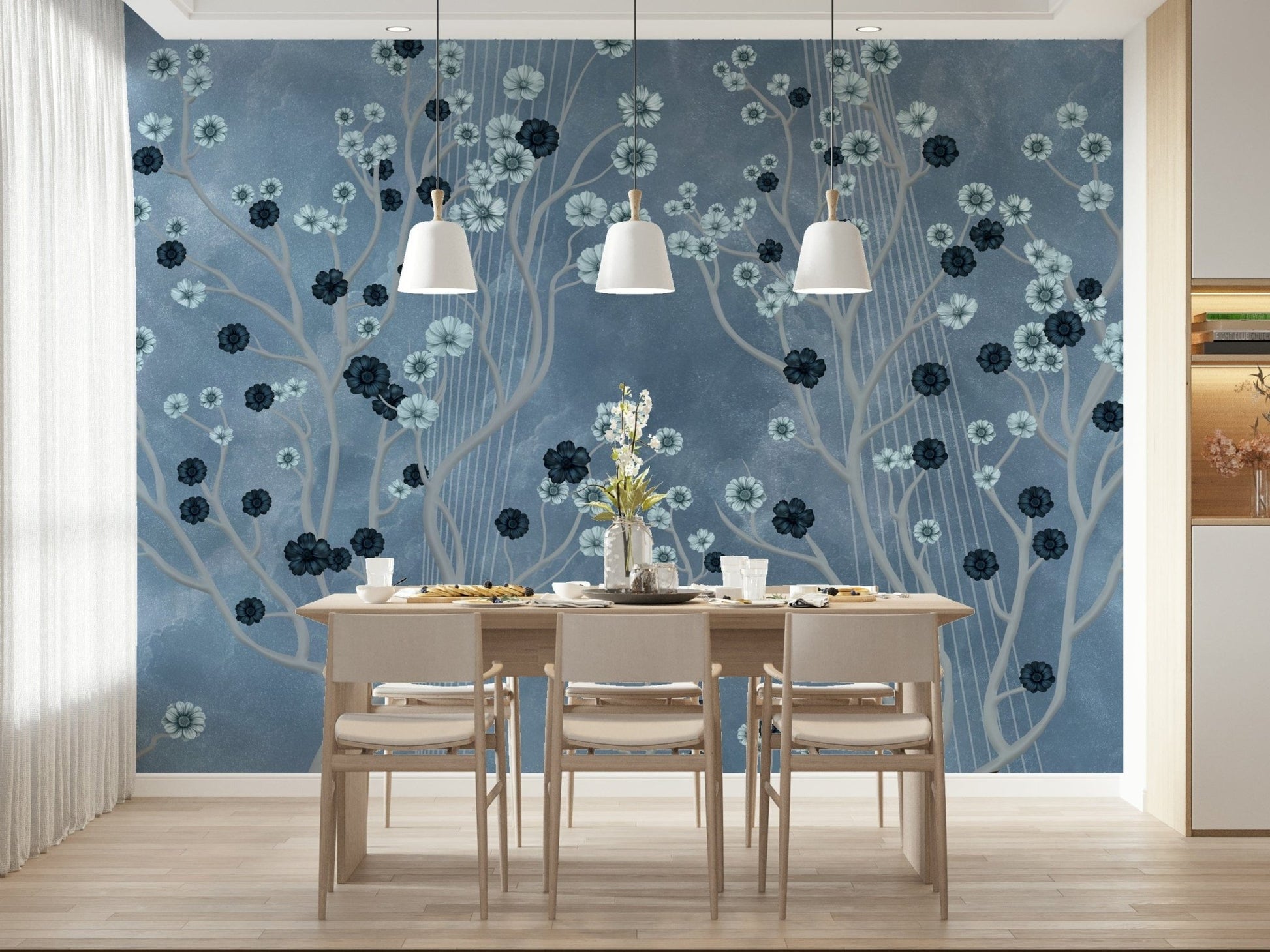Indigo Flower Canopy wall mural applied in a bright hallway with marble floors., GD7605