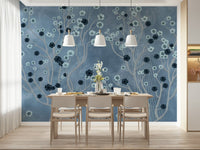 Indigo Flower Canopy wall mural applied in a bright hallway with marble floors., GD7605