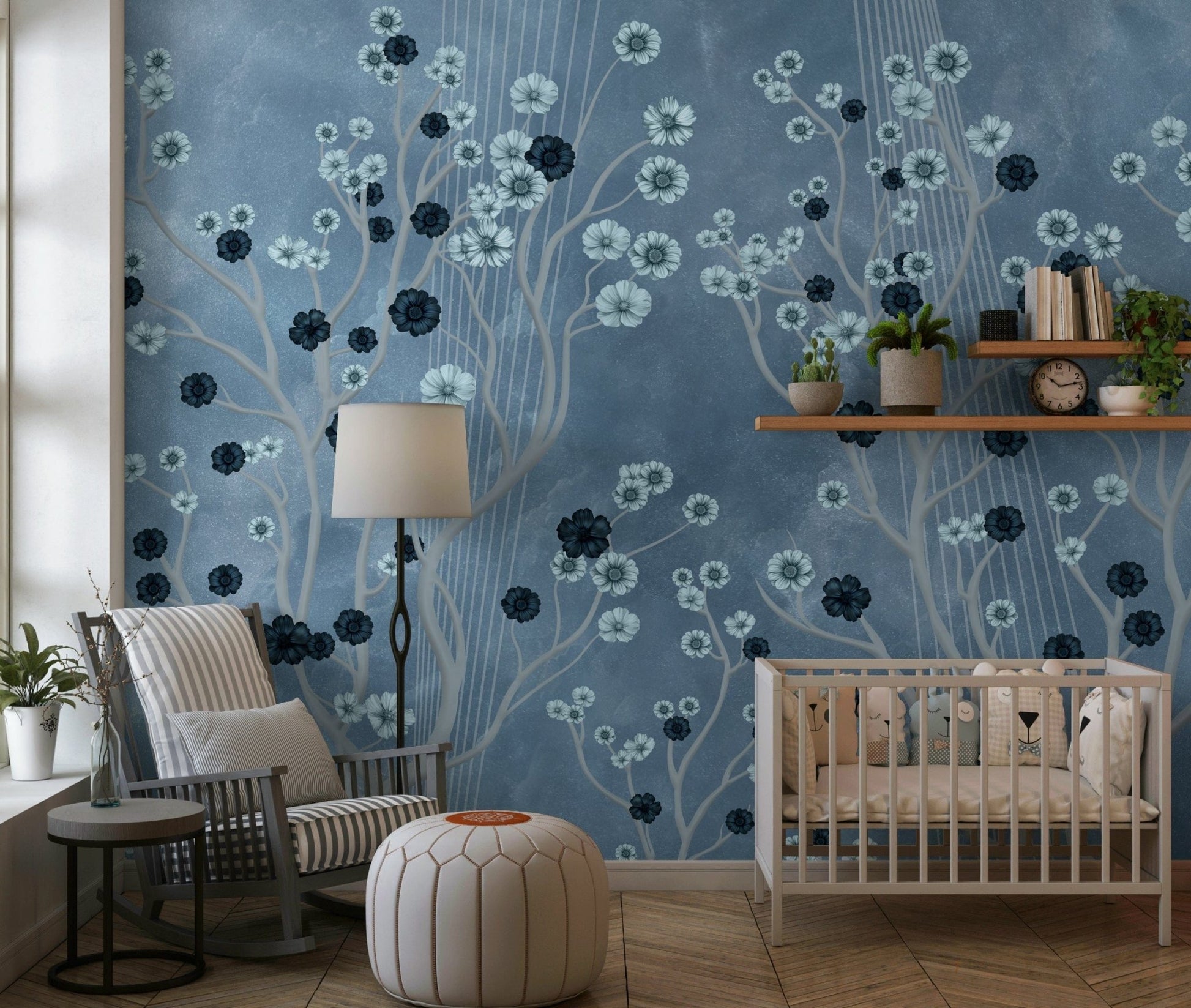 Traditional dining space decorated with Indigo Flower Canopy wallpaper panels., GD7605
