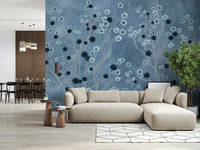Indigo Flower Canopy wallpaper in a sunlit room paired with indoor plants., GD7605