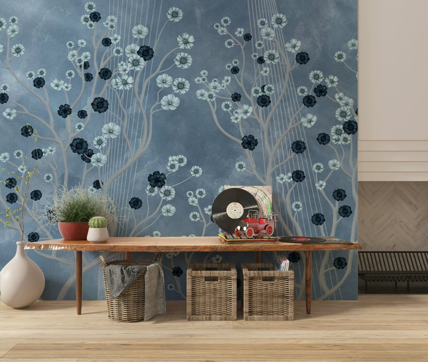 Indigo Flower Canopy wall mural in a modern living room with a cream sofa., GD7605