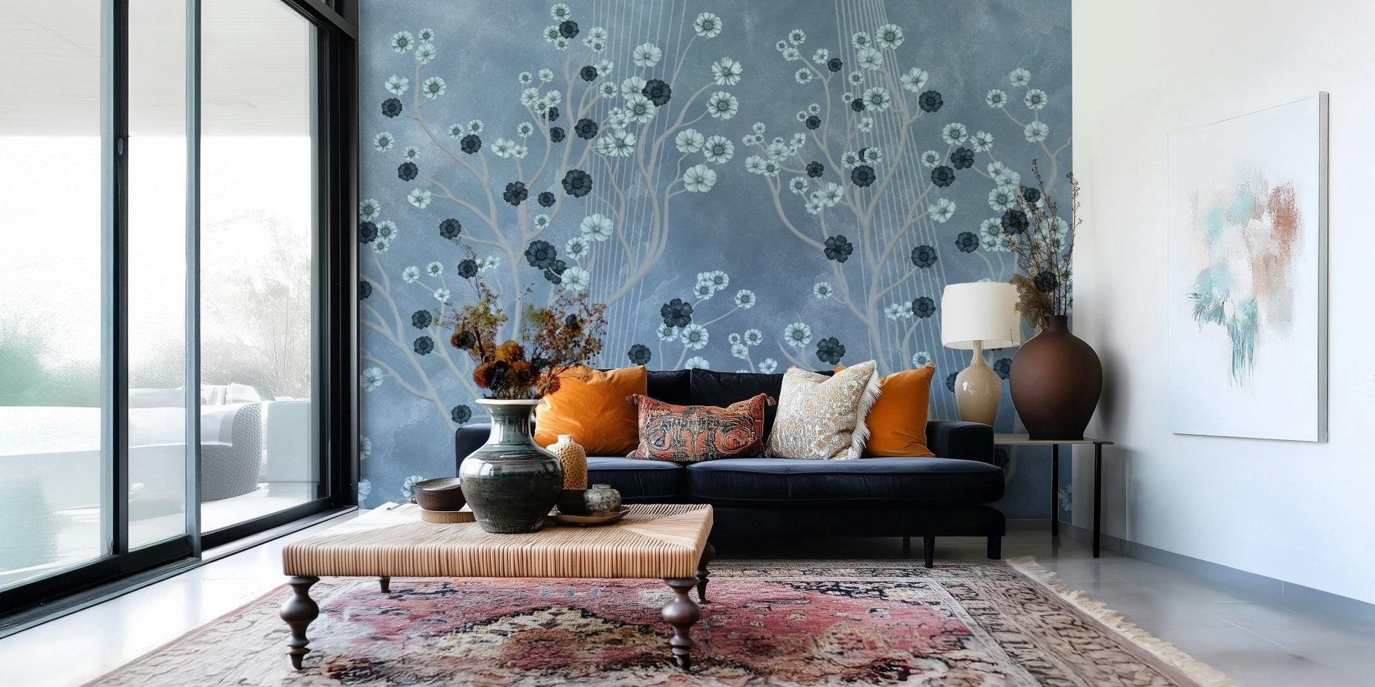 Indigo Flower Canopy wallpaper used in a high-ceiling entryway for a classic look., GD7605