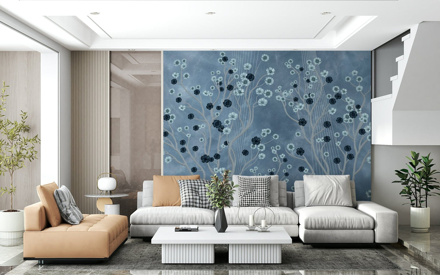 Indigo Flower Canopy wall mural in a guest room with simple white bedding., GD7605