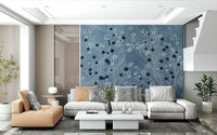 Indigo Flower Canopy wall mural in a guest room with simple white bedding., GD7605