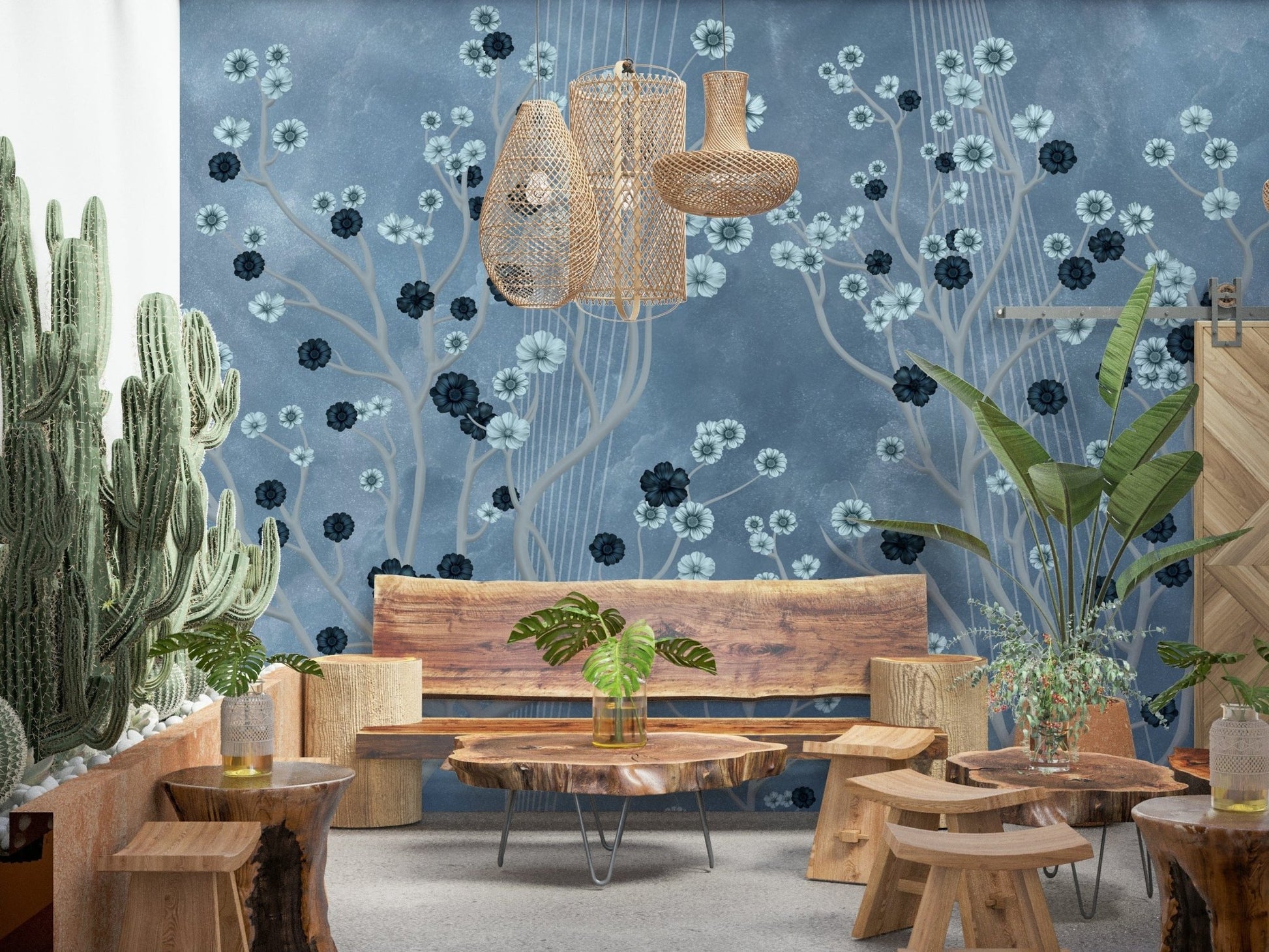 Elegant bedroom featuring Indigo Flower Canopy wallpaper on a large feature wall., GD7605