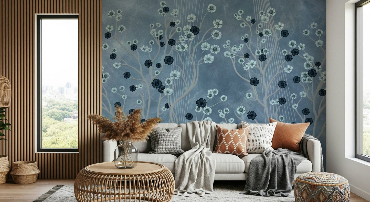 Contemporary lounge showing Indigo Flower Canopy wallpaper behind a velvet chair., GD7605