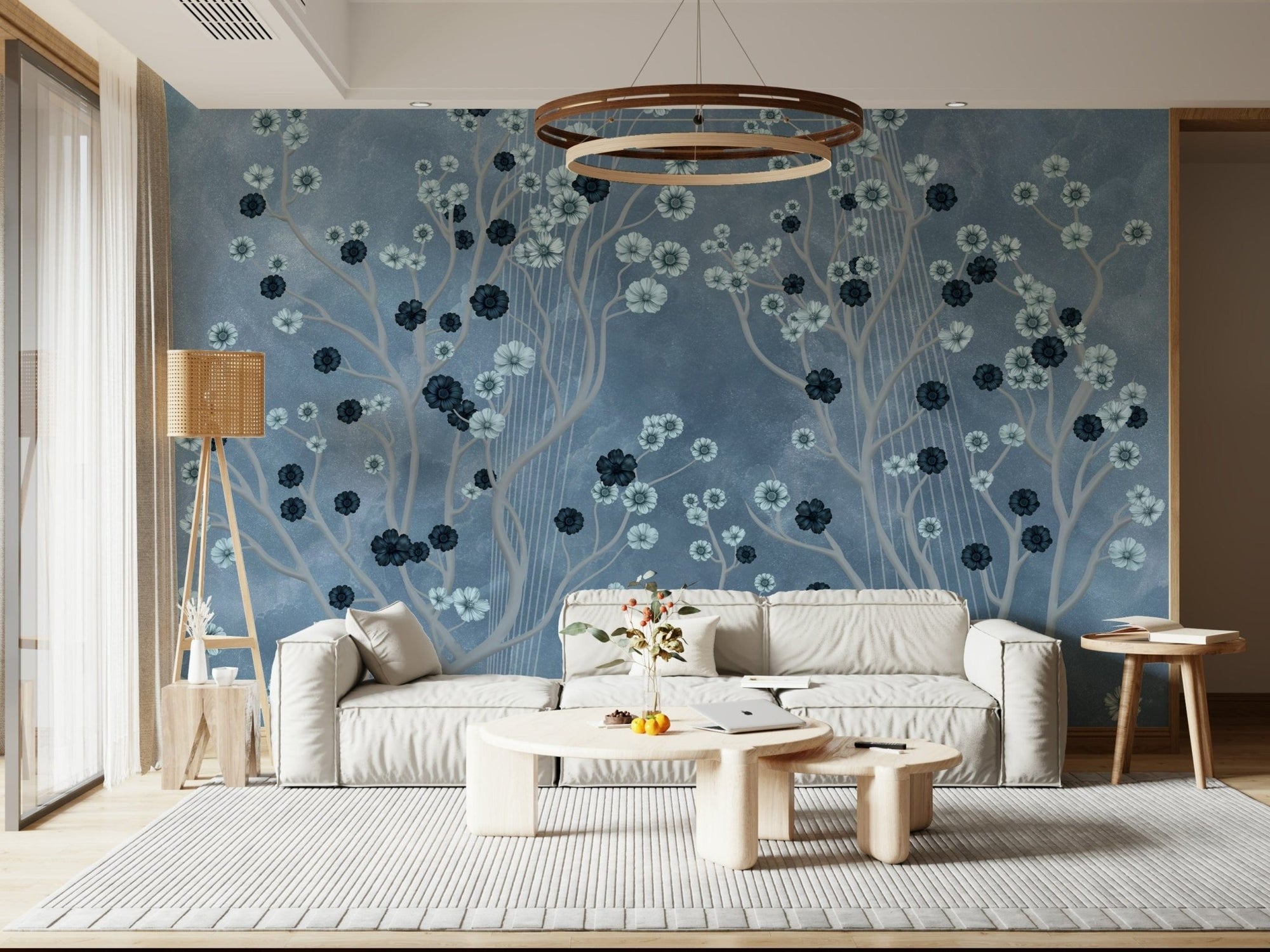 Artistic Indigo Flower Canopy wall mural in a quiet study with natural light., GD7605