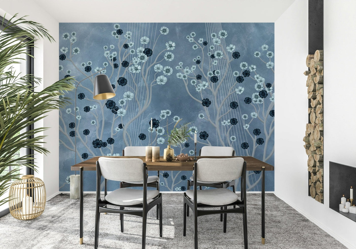 Indigo Flower Canopy wall mural in a home office with dark wood furniture., GD7605