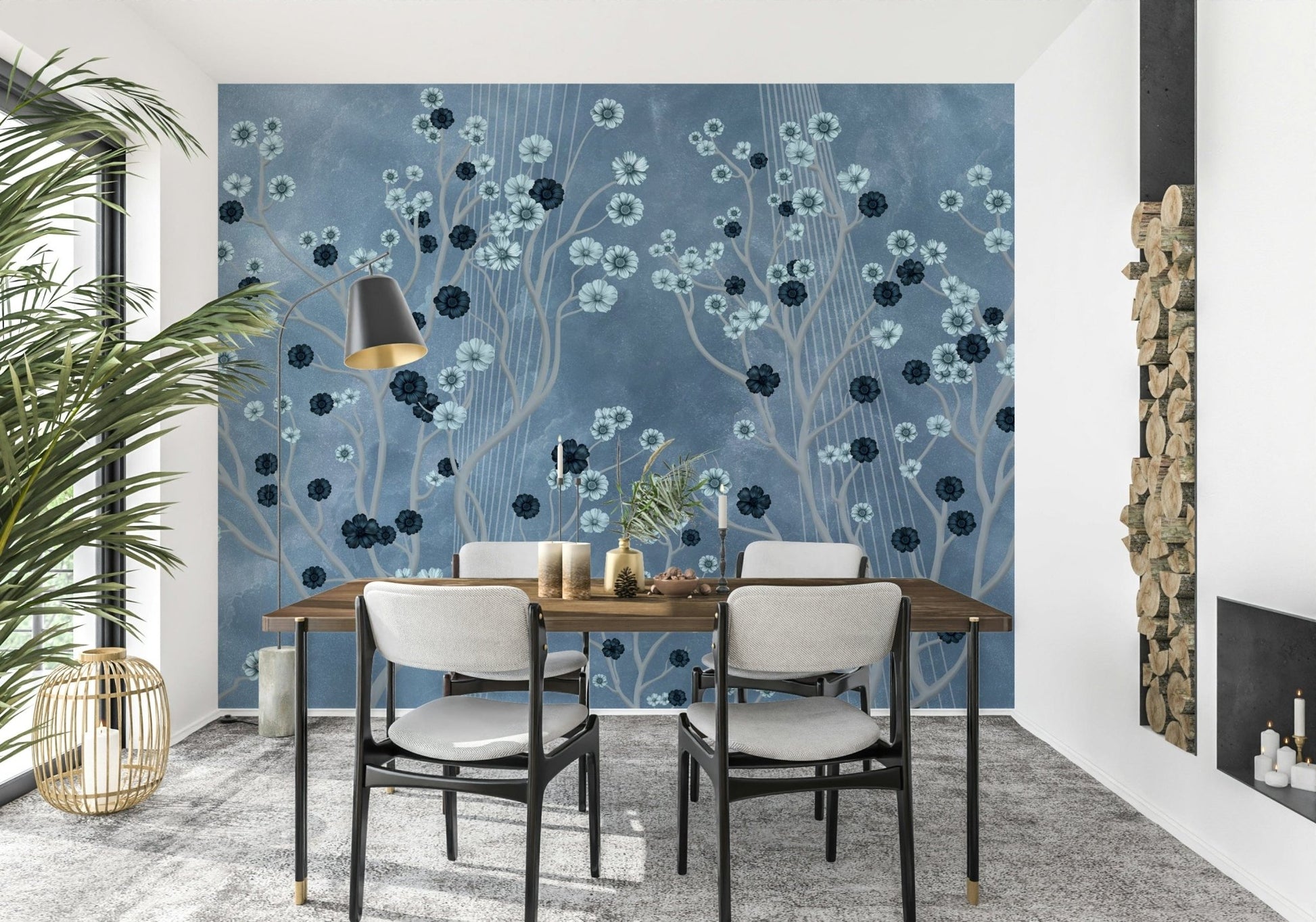 Indigo Flower Canopy wall mural in a home office with dark wood furniture., GD7605