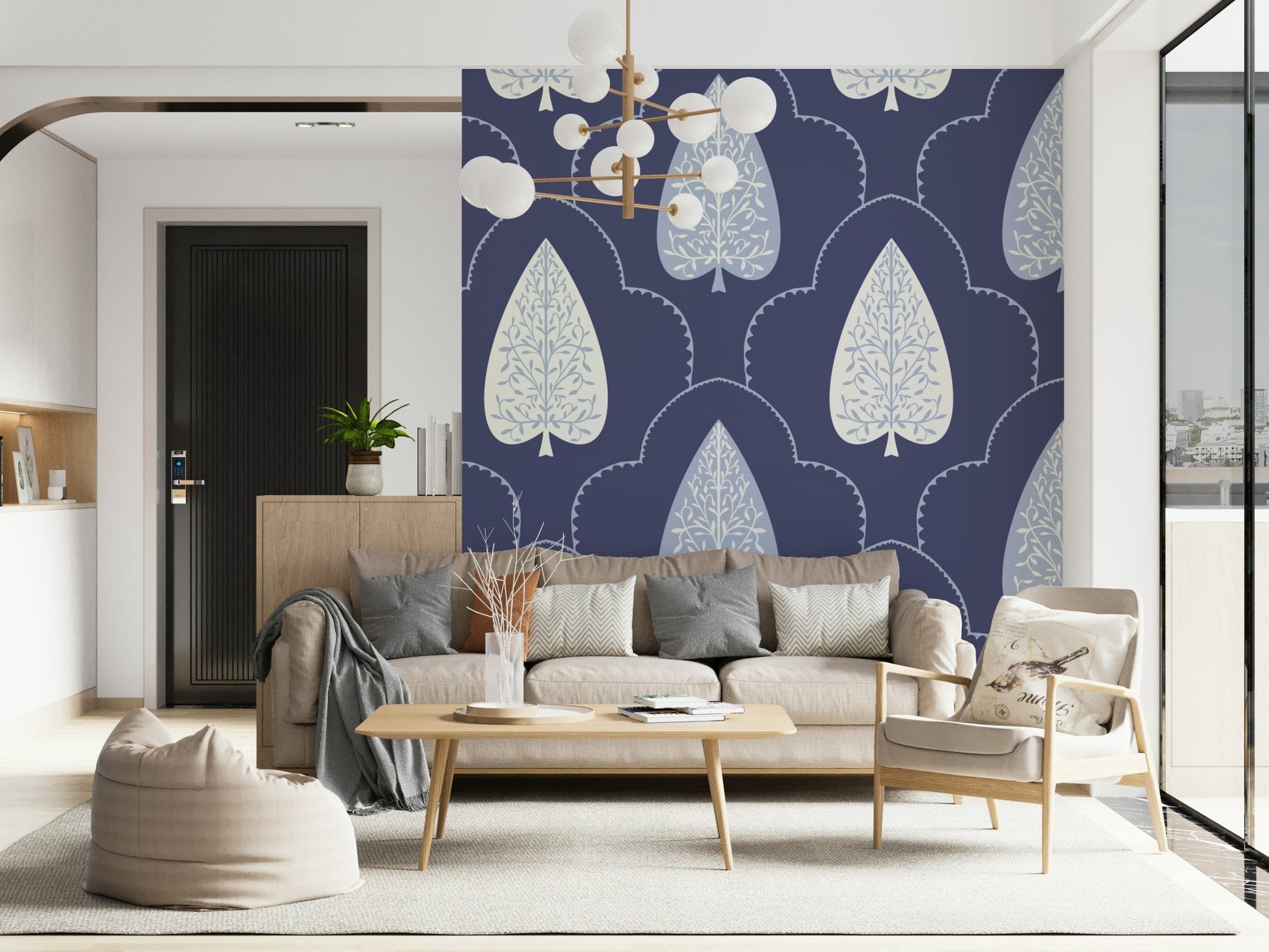 Curving Botanical Echoes mural design, light blue and cream on a dark ground.