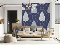 Curving Botanical Echoes mural design, light blue and cream on a dark ground.