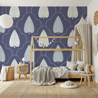 Blue Indigo Grove wall mural, beautiful delicate damask-style flowing vine work.