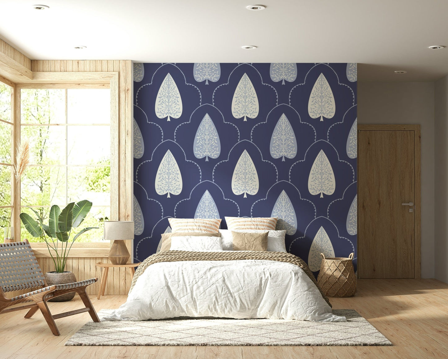 Stylish Indigo Grove wallcovering, detailed ornate white foliage repeating motif.